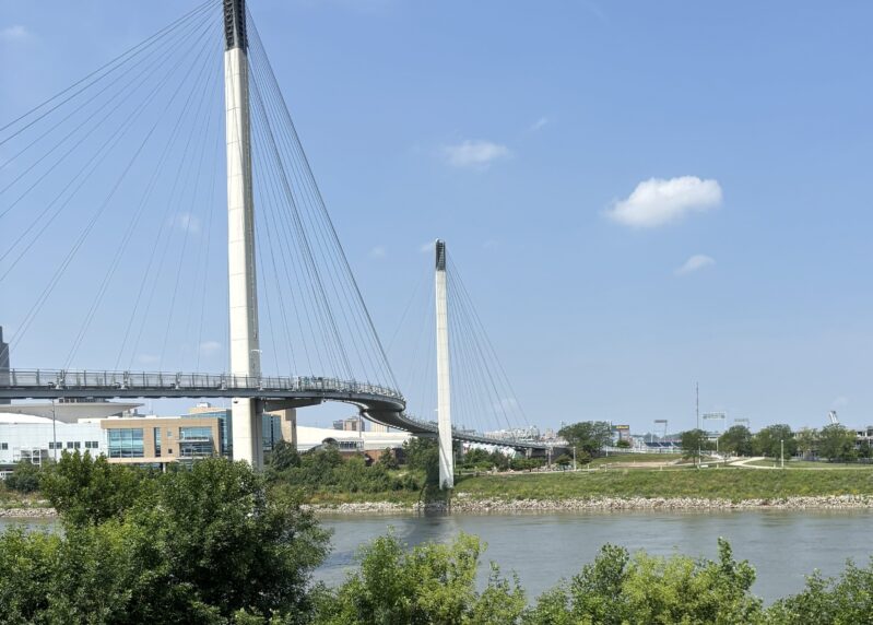 Photo of Bob Kerrey Pedestrian Bride with Omaha skyline in background and Missouri River in foreground