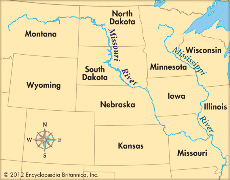 Map of United States map showing the Missouri River